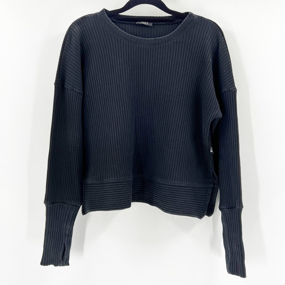 Terez Ribbed Sweatshirt Womens XS Black Excellent Thumbhole Slit Pullover